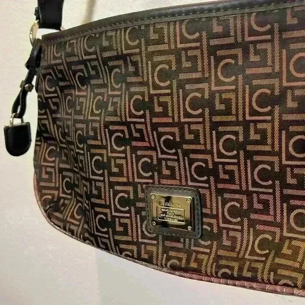 Liz Claiborne Monogram Crossbody Shoulder Bag Dark Brown Gold Adjustable Straps